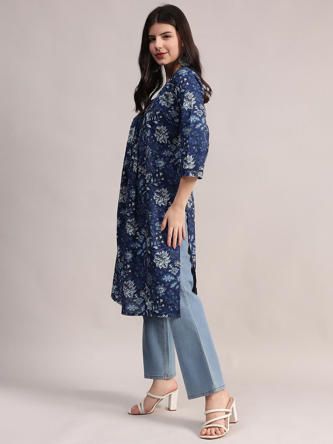 Aavyora Women's Navy Blue Floral Printed Cotton A-Line Kurta with Pintuck Detailing - Swadesiicart