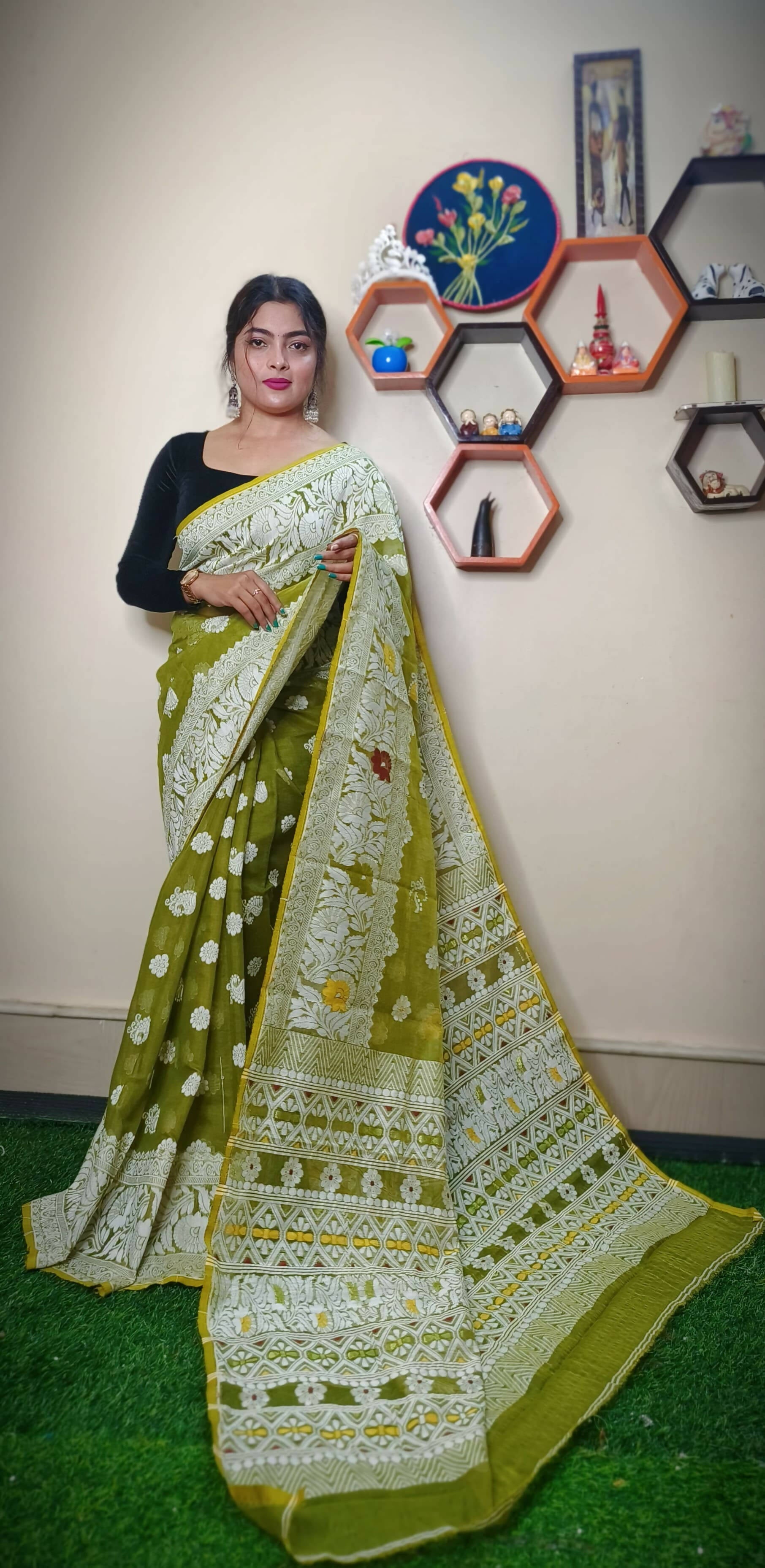 Exclusive Collection Handloom Dhakai Jamdani Saree - Pista - Swadesiicart