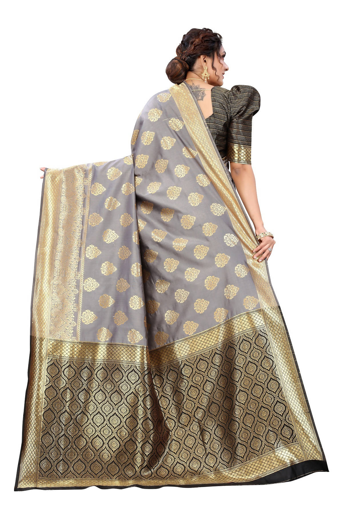 Vamika Ethnic Fire Grey Weaving Banarasi Jacquard Saree | Swadesiicart