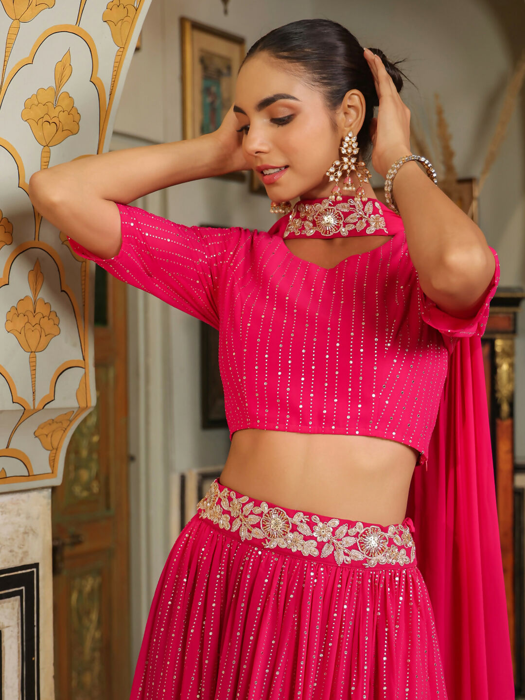 Janasya Pink Georgette Foil Print Lehenga Choli Dupatta | Swadesiicart