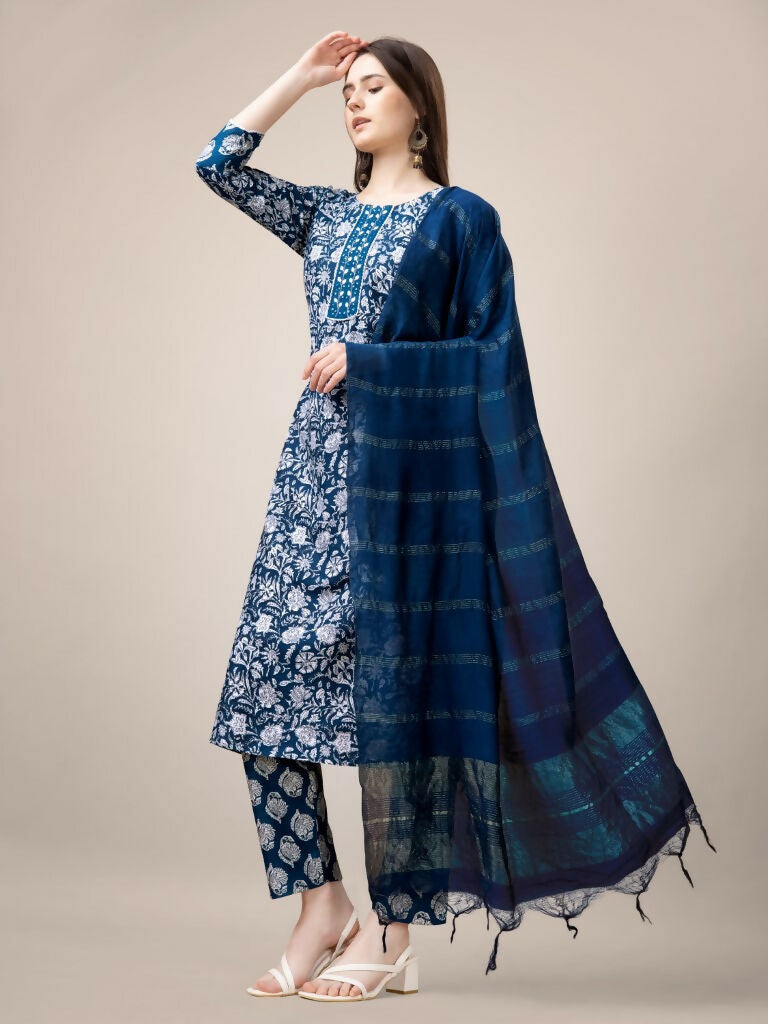 Jyoti Fashion Women's Morpich Rayon Print with Embroidery & Fancy Lace Work Kurta with Trouser & Dupatta | Swadesiicart