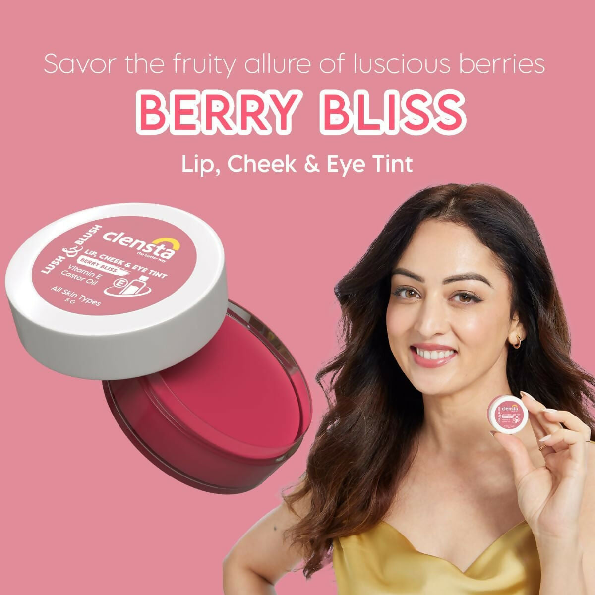 Clensta Lip Cheek Tint - Berry Bliss with Goodness of Vitamin E & Castor Oil - Swadesiicart