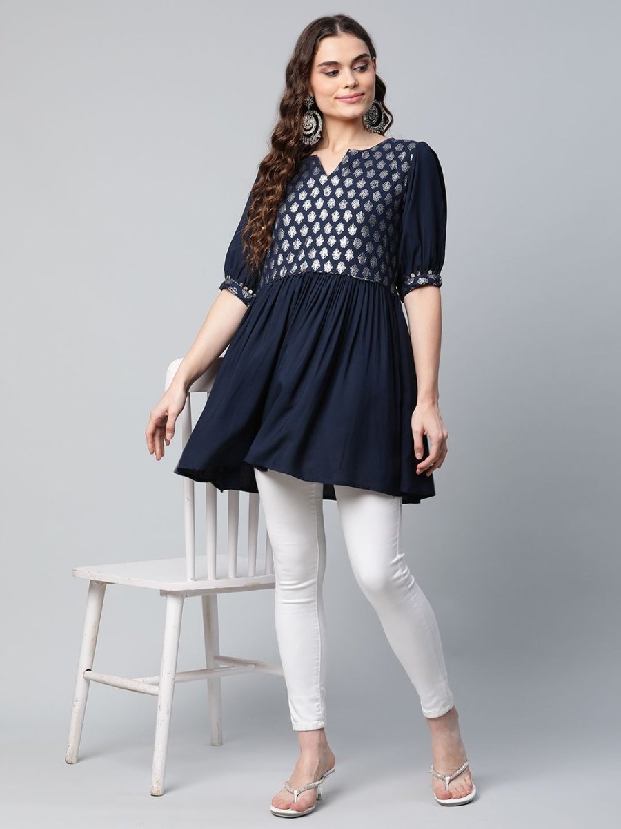 Ahalyaa Women Navy Blue Rayon Silver Foil Print Tunic | Swadesiicart