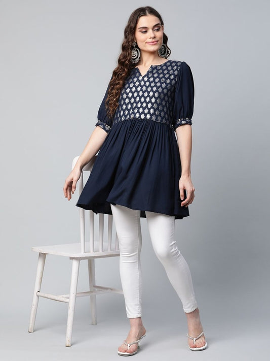 Ahalyaa Women Navy Blue Rayon Silver Foil Print Tunic | Swadesiicart