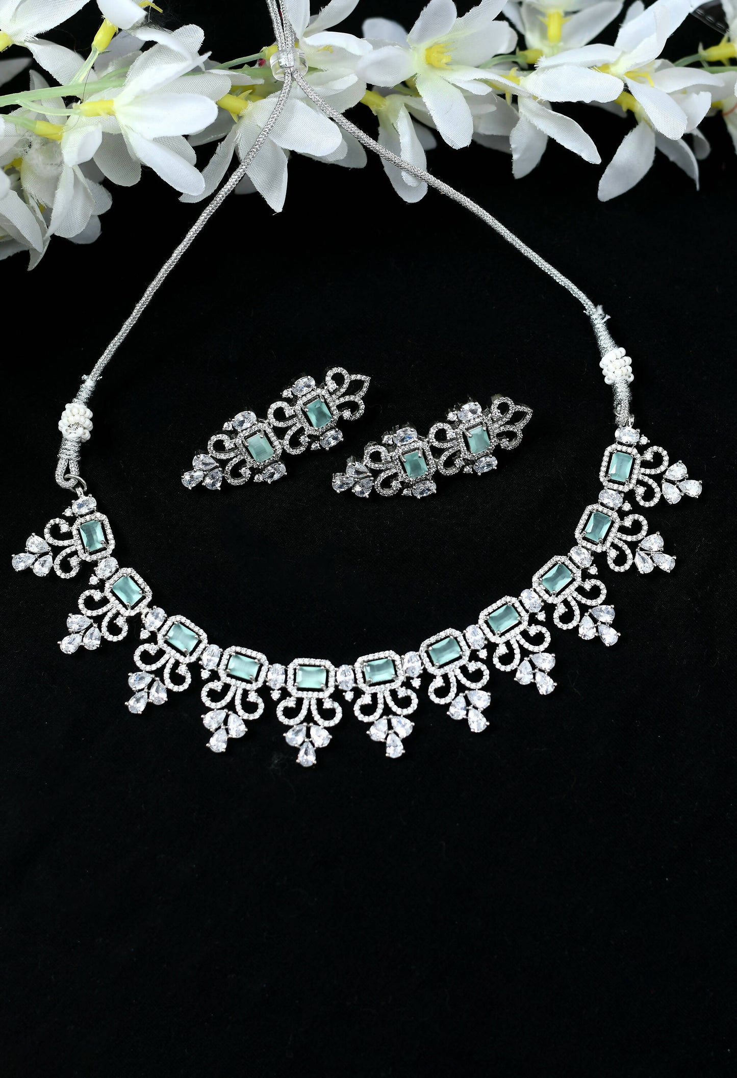 Mominos Fashion Johar Kamal Silver-Plated American Diamond Pista Green Choker Set | Swadesiicart