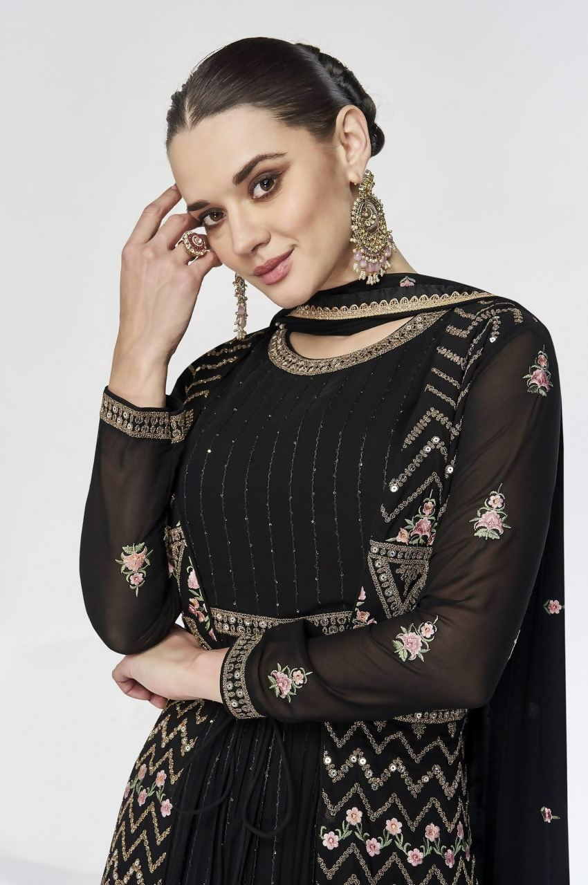 Lorenvalley Fashion Black Faux Georgette Embroidery Work Gown Jacket Stitched | Swadesiicart