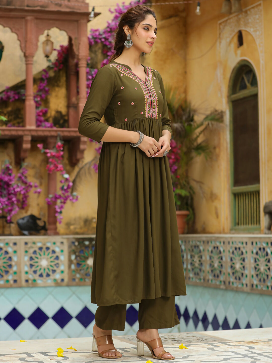 Janasya Olive Rayon Embroidered Kurta & Bottom | Swadesiicart