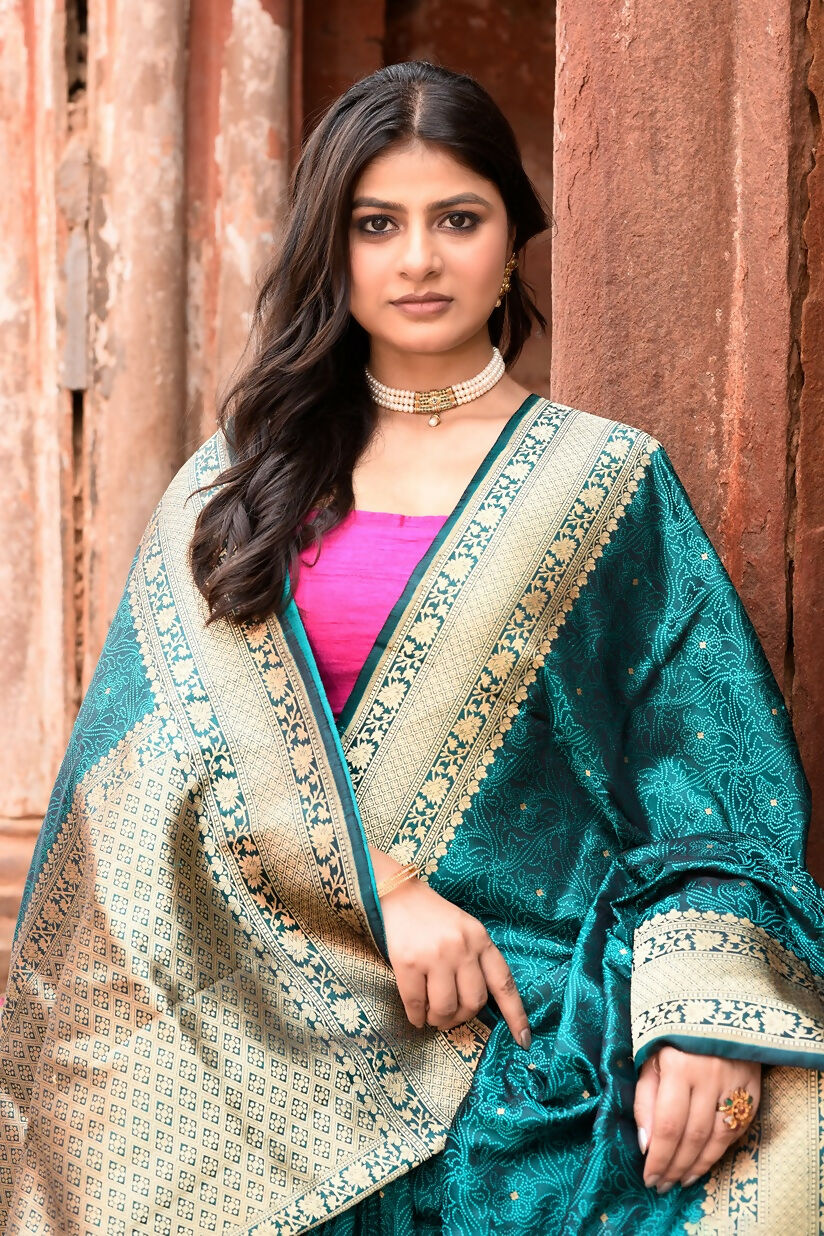 Joban Fashion Green Banarasi Katan Pure Handloom Banarasi Silk Saree | Swadesiicart