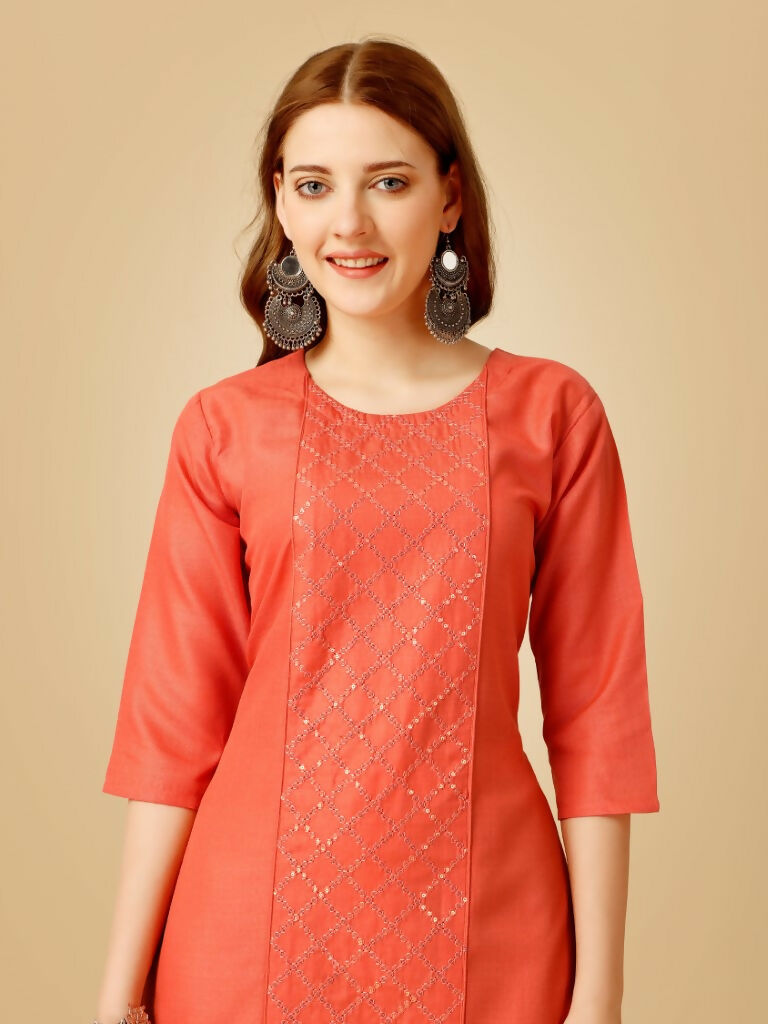 Jyoti Fashion Women's Coral Cotton Blend Embroidered Kurta Pant Set | Swadesiicart