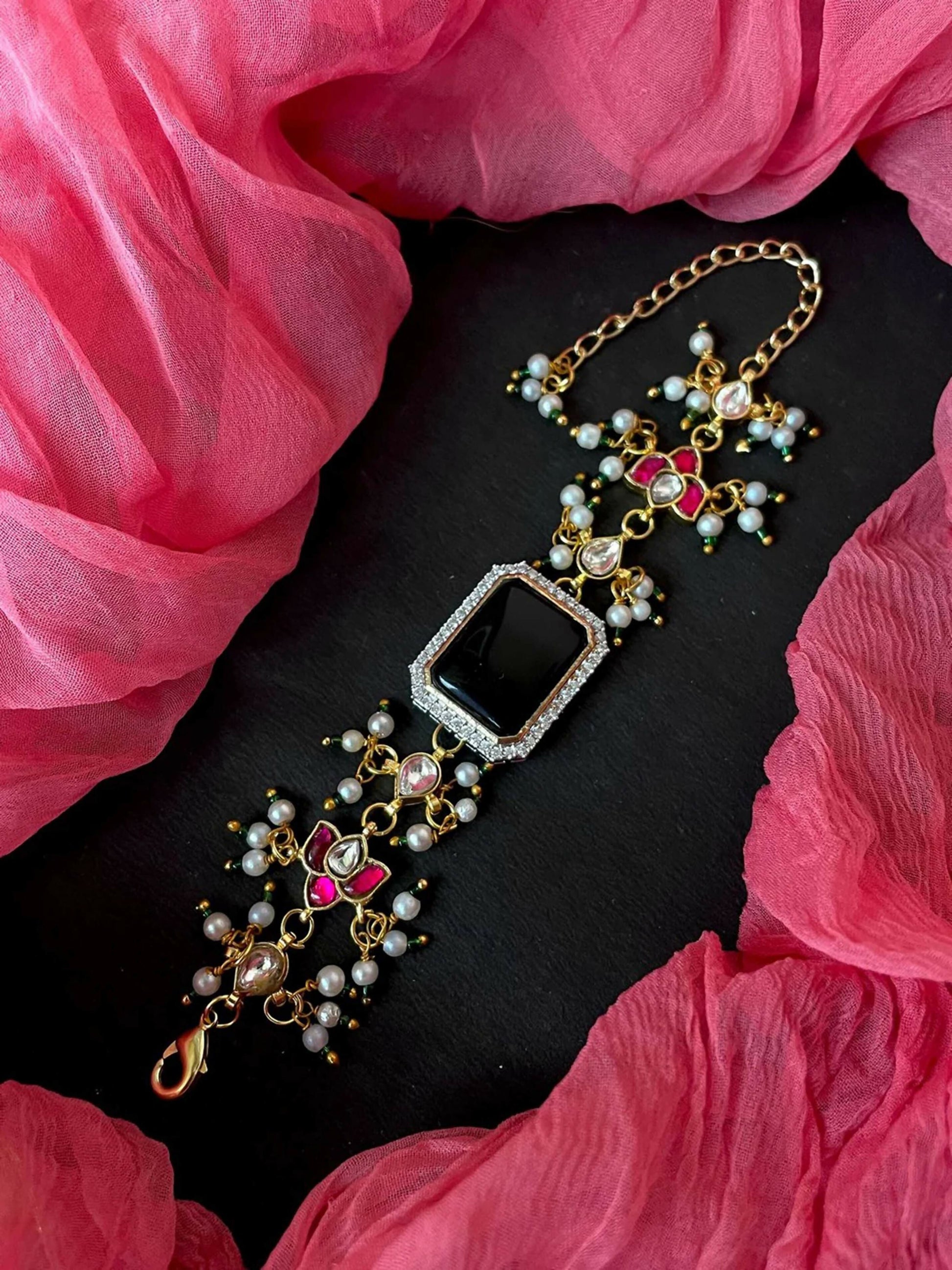 Joban Fashion Siwvei Brass Ad With Monalisa Stone And Pachi Kundan Beaded Bracelet | Swadesiicart