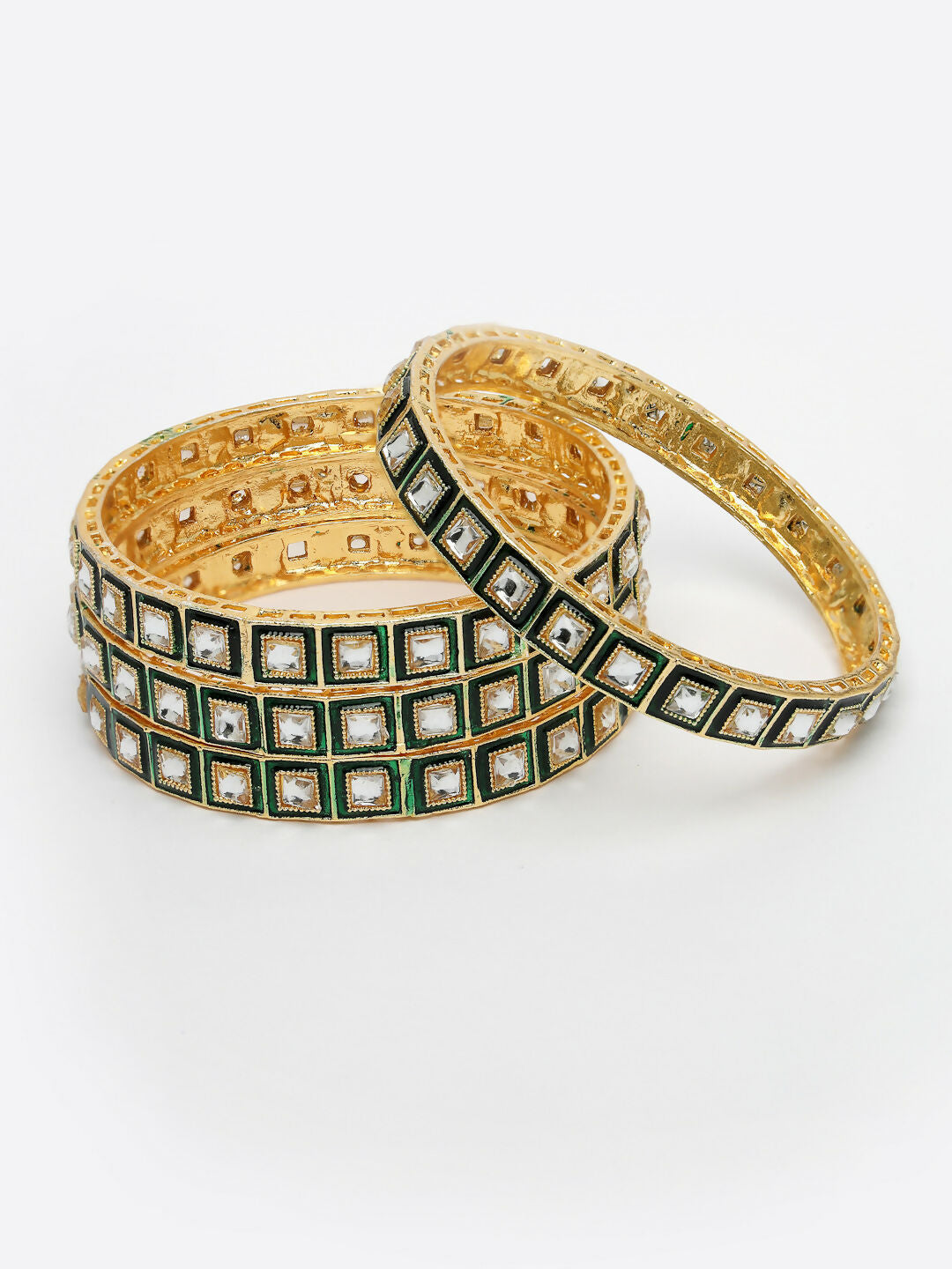 NVR Women's Set Of 4 Gold-Polished Green Kundan-Studded Traditional Bangles - Swadesiicart