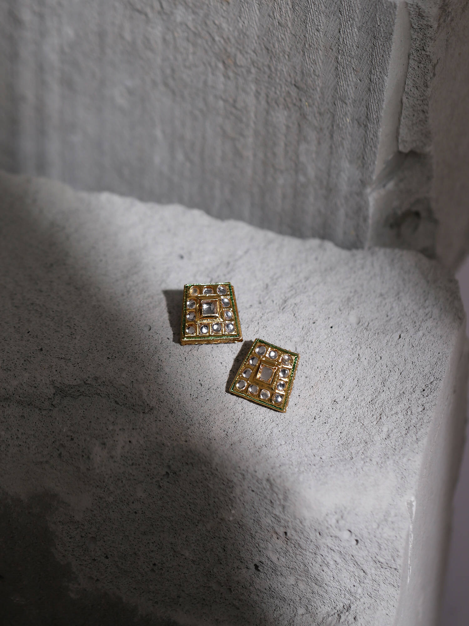 Gold-Toned White Kundan Square Shaped Gold-Polished Studs Earrings - Ruby Raang | Swadesiicart