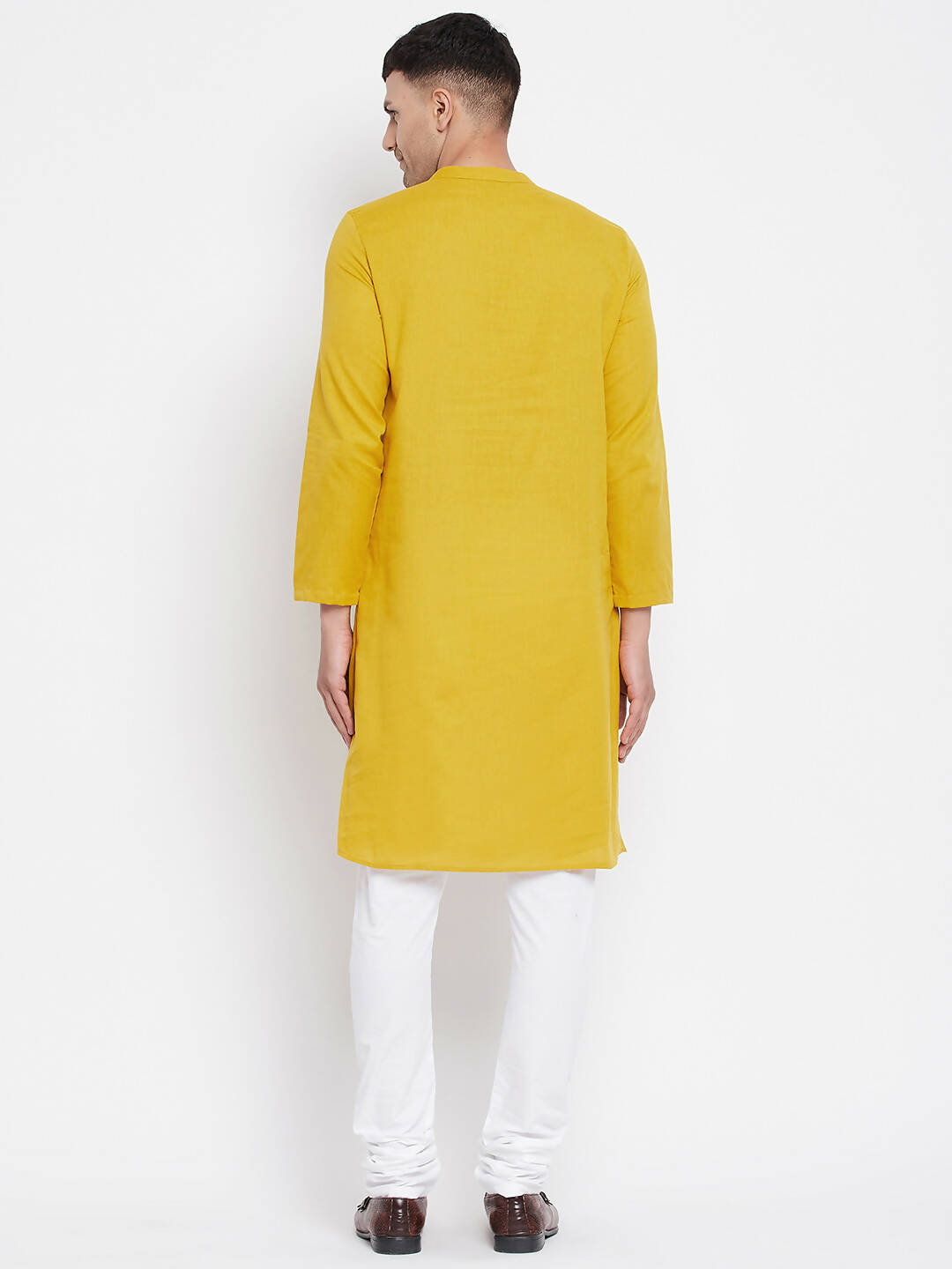 Even Apparels Yellow Pure Cotton Men's Sherwani Kurta With Asymetrical Cut | Swadesiicart