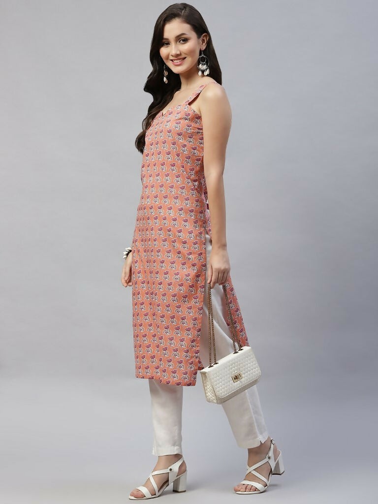 Miravan Women's Floral Printed Strappy Peach Straight Kurta - Swadesiicart