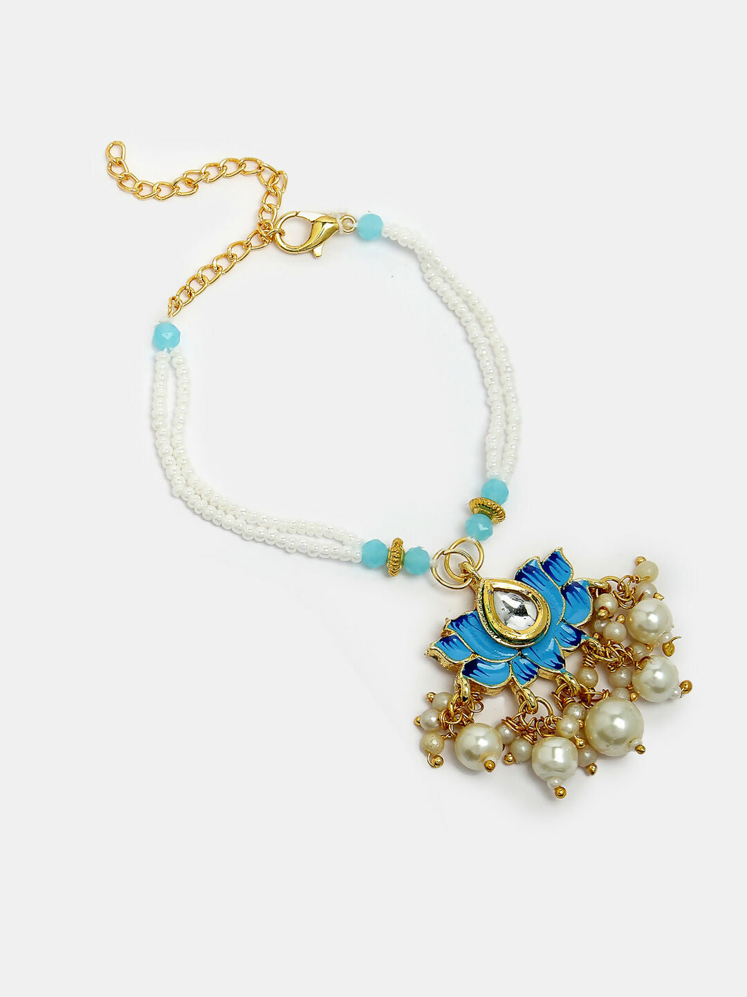 NVR Women & Men Set of 2 Blue Lotus Shape Kundan-Studded & Beaded Handcrafted Wraparound Rakhi Set With Roli Chawal | Swadesiicart