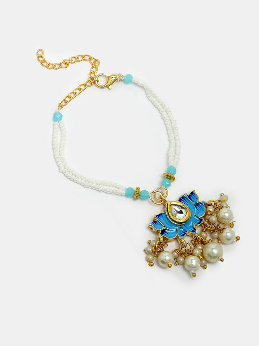 NVR Women & Men Set of 2 Blue Lotus Shape Kundan-Studded & Beaded Handcrafted Wraparound Rakhi Set With Roli Chawal | Swadesiicart