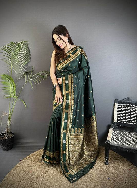 Joban Fashion Dark Green Banarasi Soft Silk Woven Saree | Swadesiicart