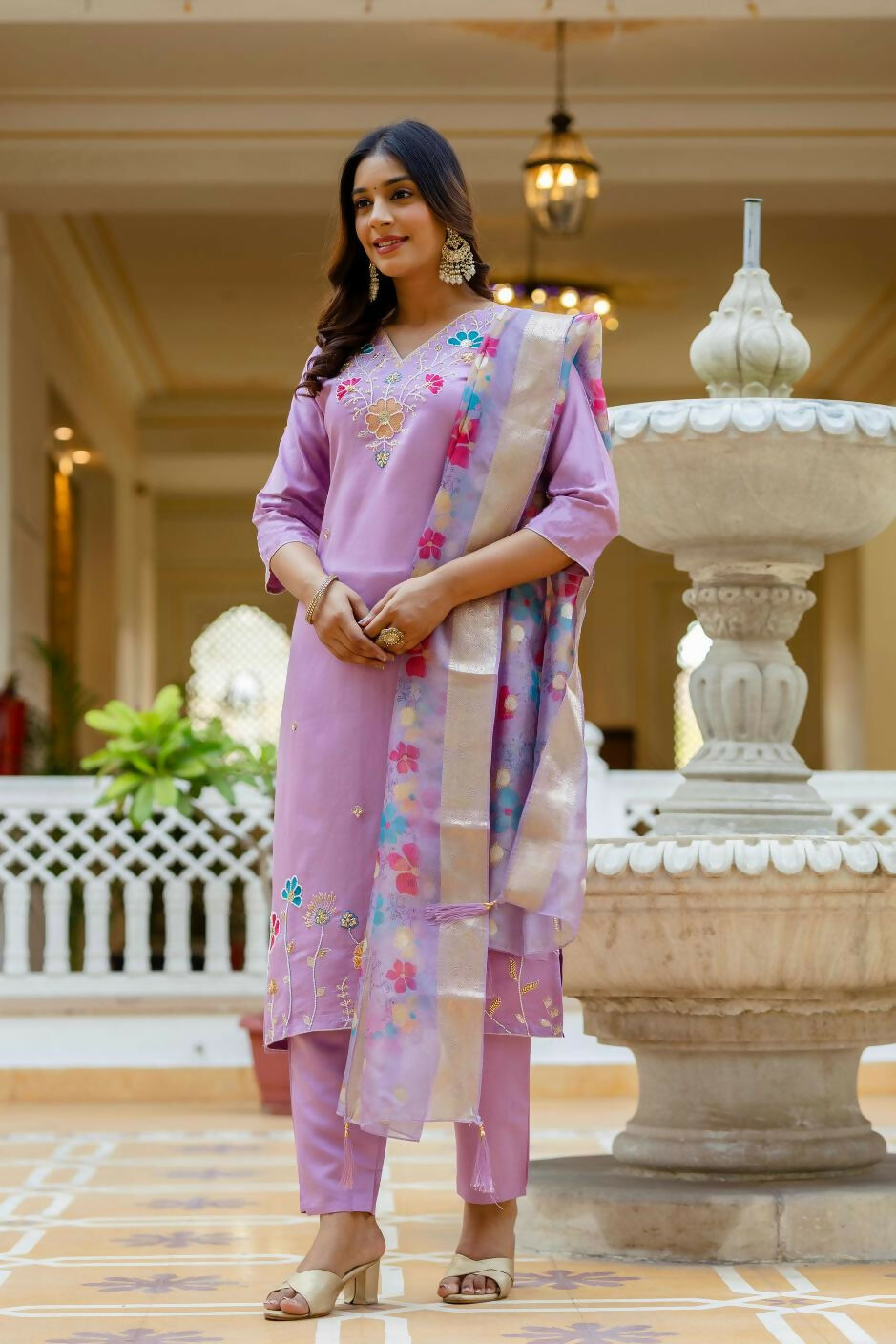 The52 Lavender Women's Gorgeous Embroidered work Viscose Gadhwal Fabric Straight Kurta, Pant and Dupatta Set - Swadesiicart