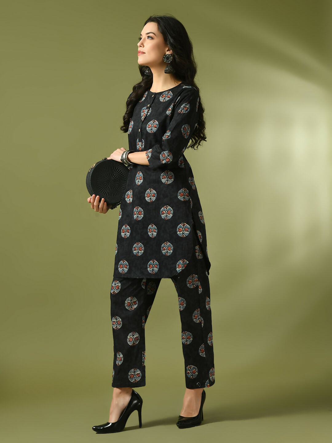 Myshka Women's Black Printed Cotton Round Neck Party Tunic With Trousers Co-ord set - Swadesiicart