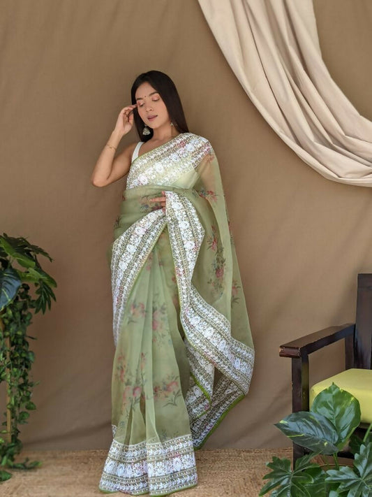 Vamsee White Border Green Organza Saree - Swadesiicart