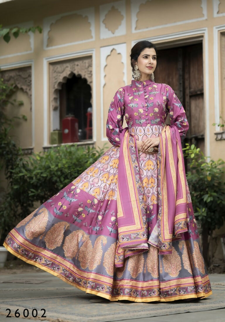 Wedding Designer Purple Soft Dola Silk Anarkali suit with Dupatta - Samanta - Swadesiicart