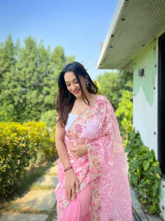 Vamsee Zoya Baby Pink Organza Silk Saree - Swadesiicart