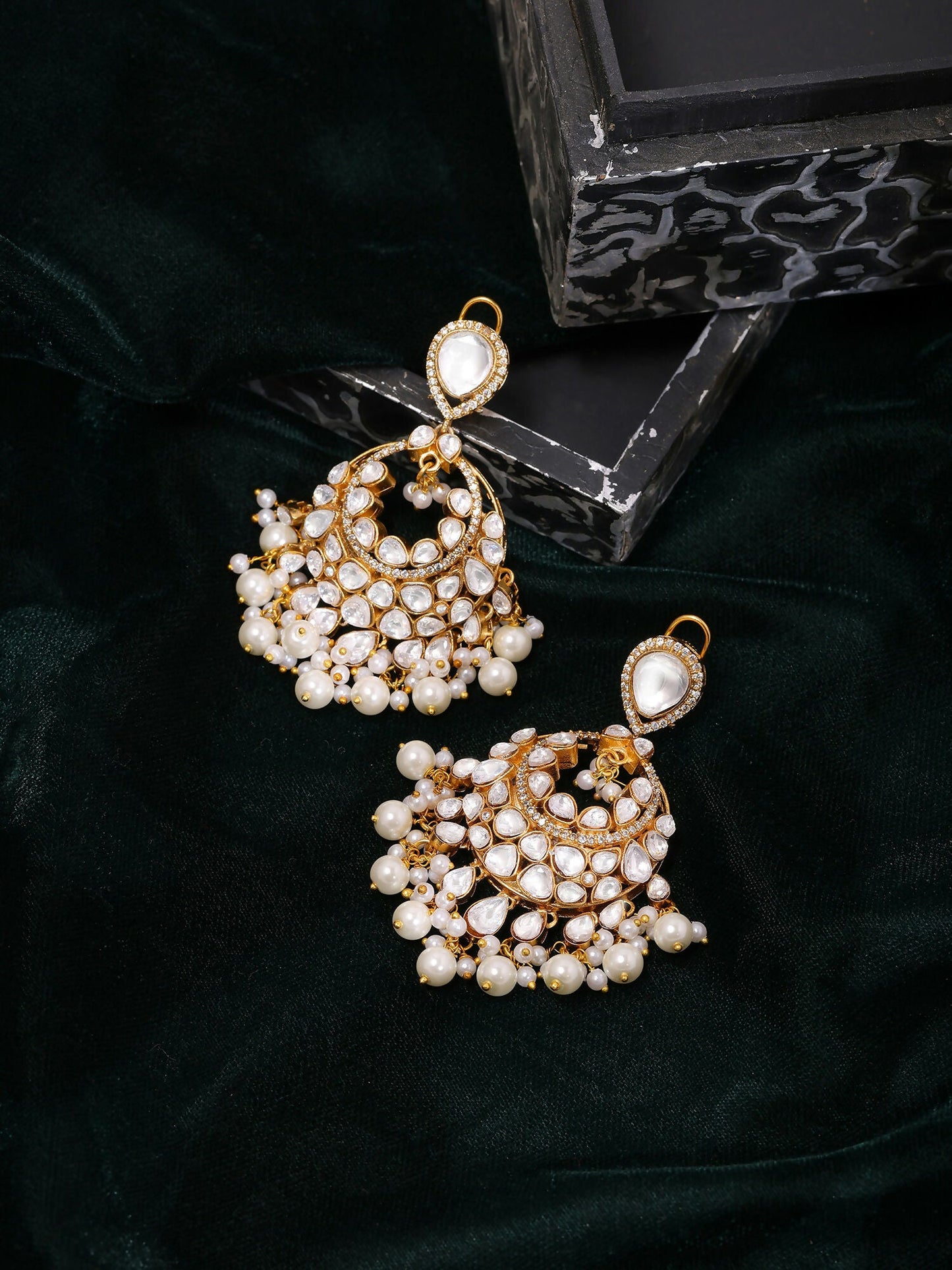 Ruby Raang Gold Polished White Chand Kundan Earrings | Swadesiicart