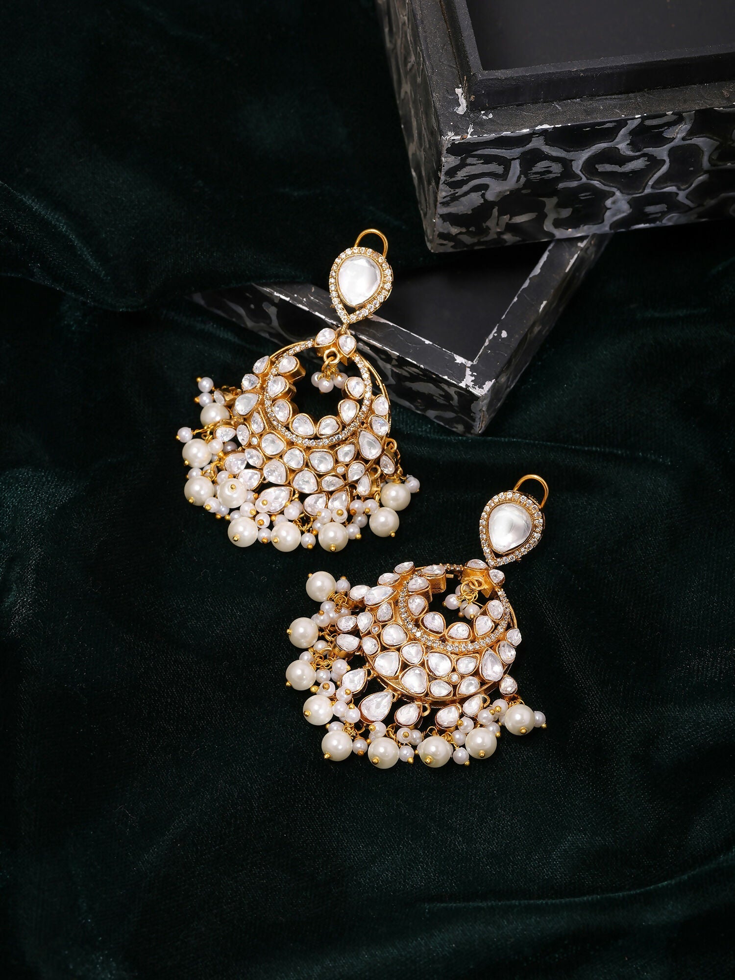 Ruby Raang Gold Polished White Chand Kundan Earrings | Swadesiicart