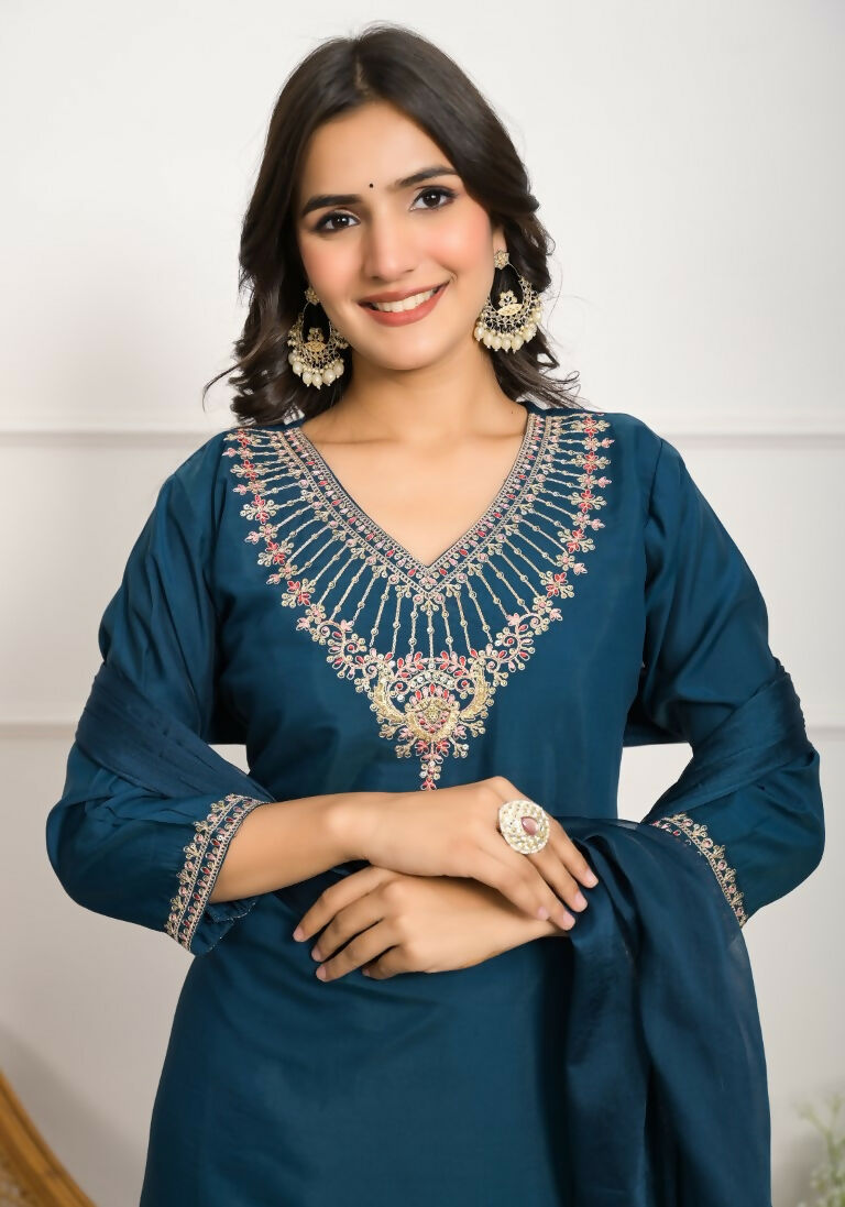 Festive Wear Ethnic Rama Viscose Chanderi Stitched Suit With Dupatta - Tanisha | Swadesiicart