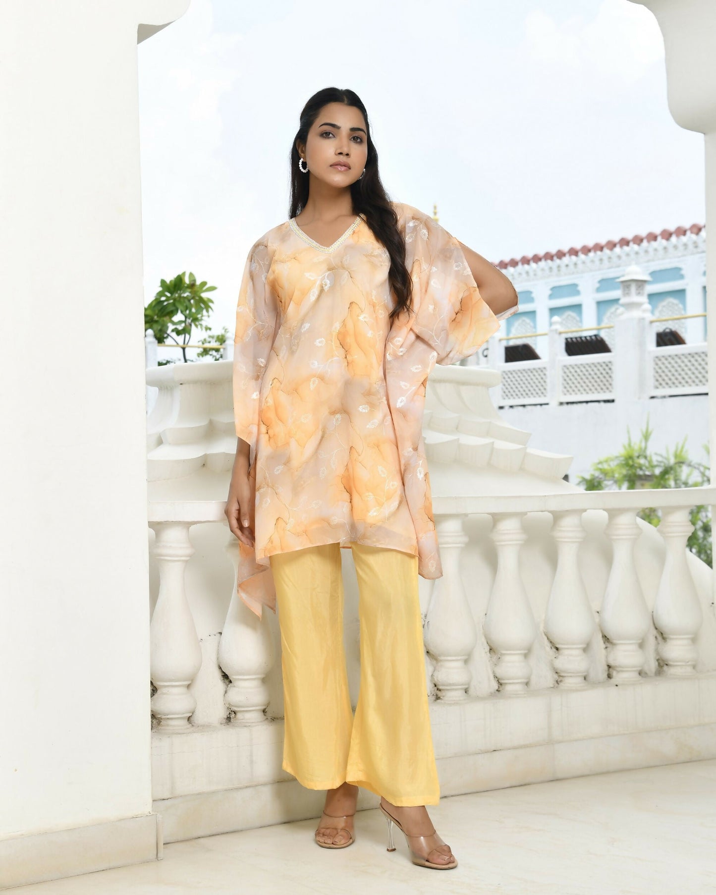 Vaasva Women's Lemon Georgette Marble Print Kaftan Pant Set | Swadesiicart