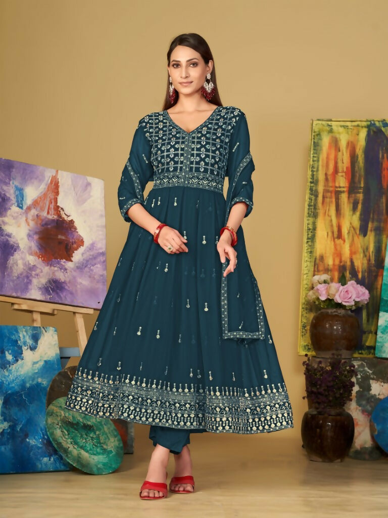 Jyoti Fashion Women's Rama Georgette Embroidered Anarkali Kurta Pant Set With Dupatta | Swadesiicart