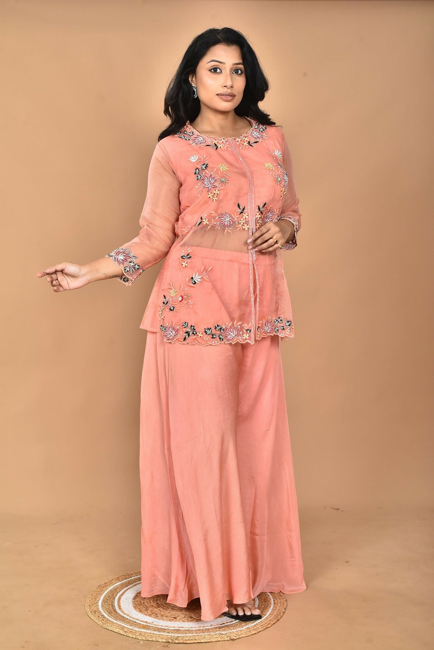 Morchari Women And Hand Embroidery Palazzo Set-Peach - Swadesiicart
