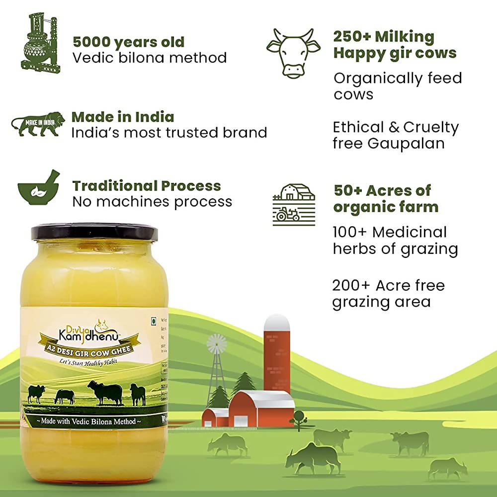 Divya Kamdhenu A2 Pure Desi Gir Cow Ghee | Cultured Ghee - Traditional Bilona Method | Pure A2 Ghee | Indian Organic A2 Cow Ghee | Swadesiicart