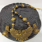 Terracotta Long Necklace Set With Peacock Pendant With Temple Jhumkas-Black And Gold