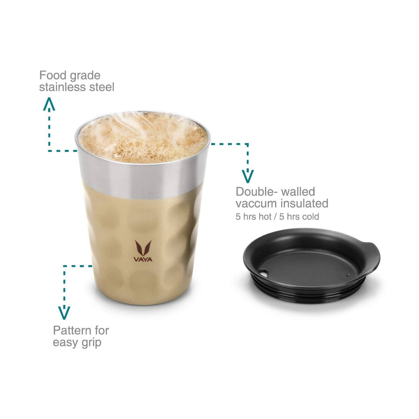 Vaya Popcup Insulated Coffee Mug Tumbler With Lid - 250 ml (Gold) | Swadesiicart