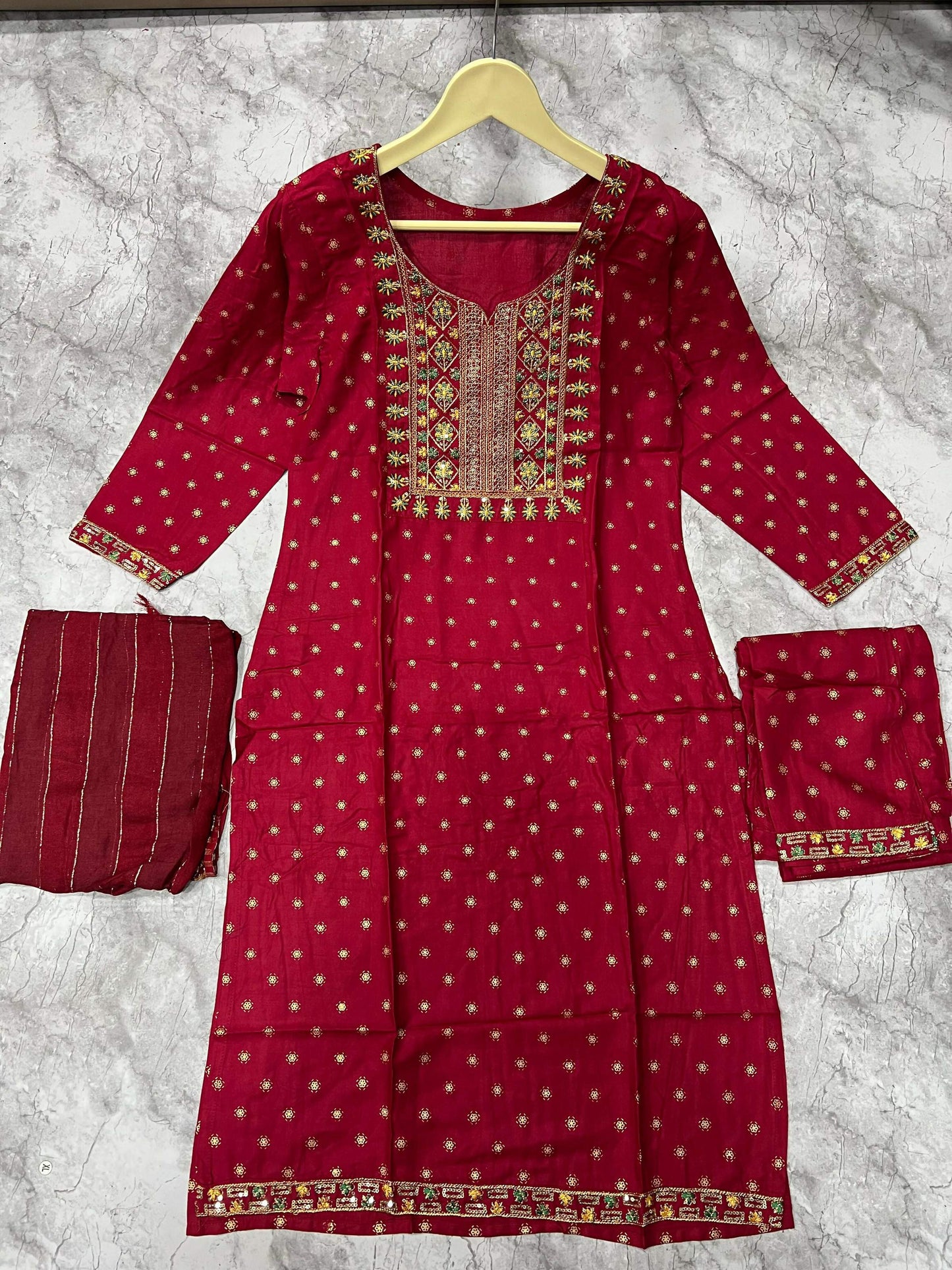 Jyoti Fashion Women's Maroon 14KG Rayon Foil Print with Embroidery Kurta Set | Swadesiicart