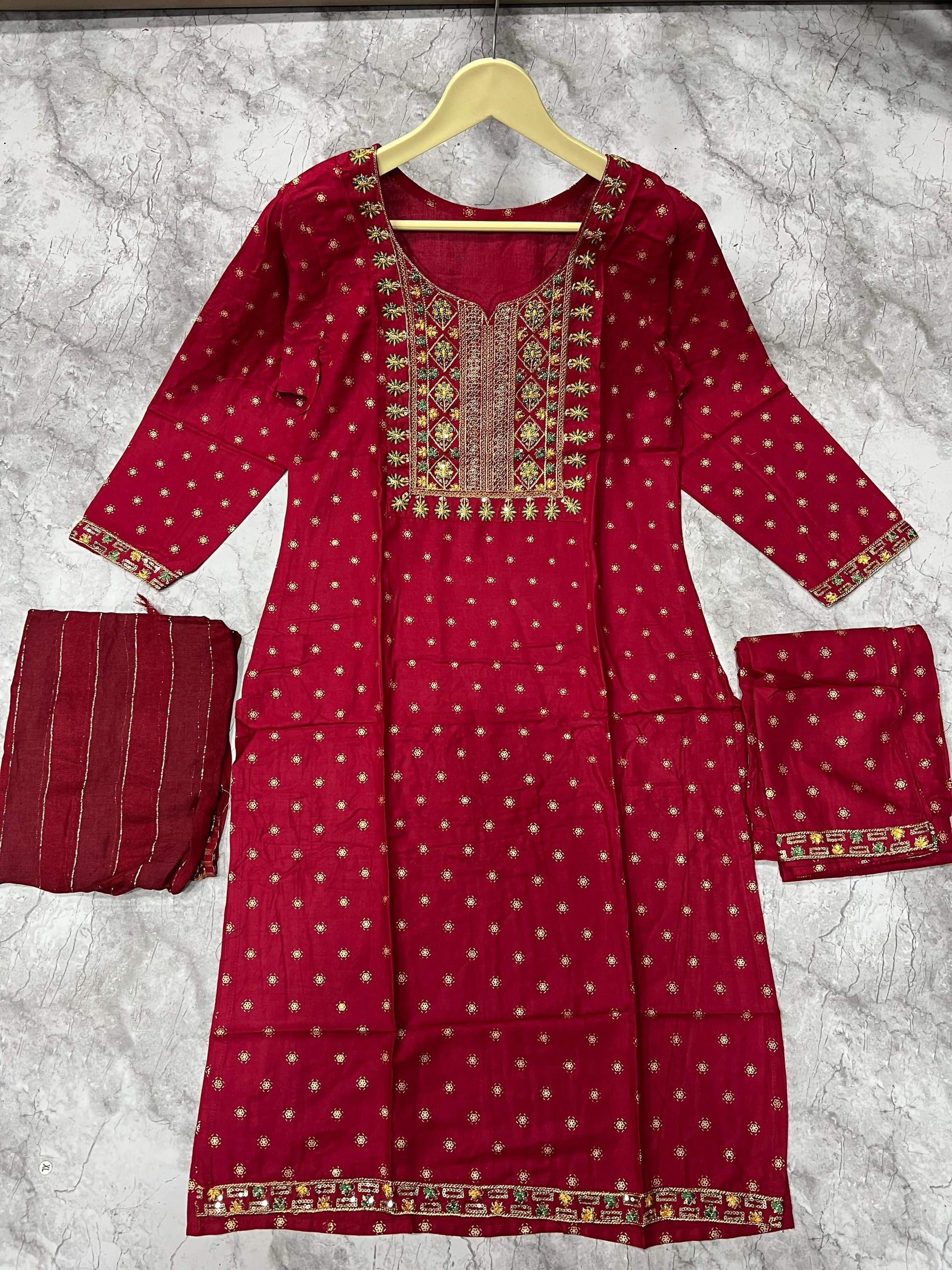 Jyoti Fashion Women's Maroon 14KG Rayon Foil Print with Embroidery Kurta Set | Swadesiicart