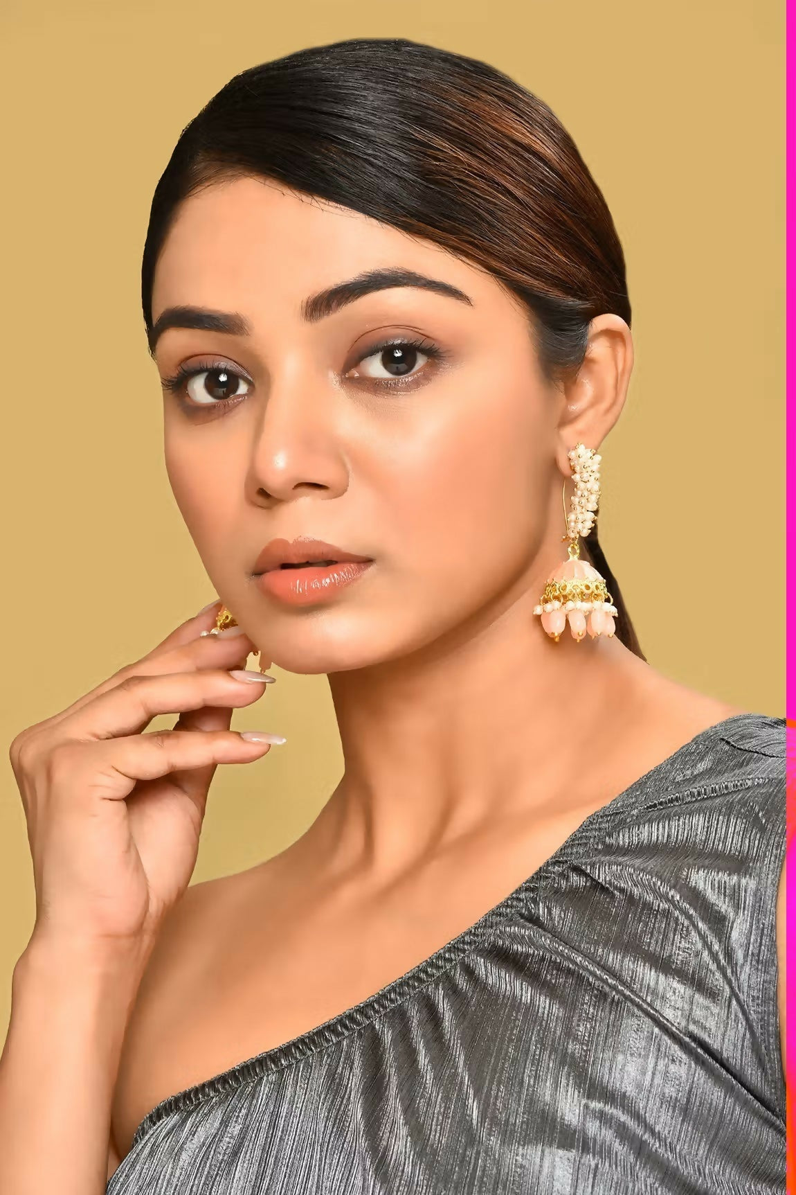 Joban Fashion Women Kundan Pearl Golden Peach Earrings - Swadesiicart