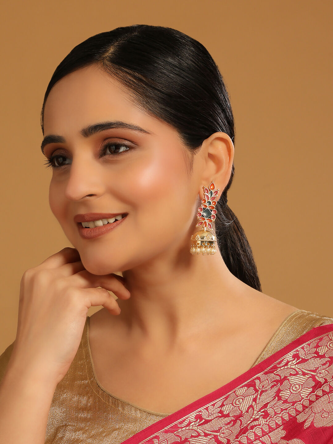 Nuyug 22K Gold-Plated Enamel & Beaded Dome Shaped Jhumka Earrings | Swadesiicart