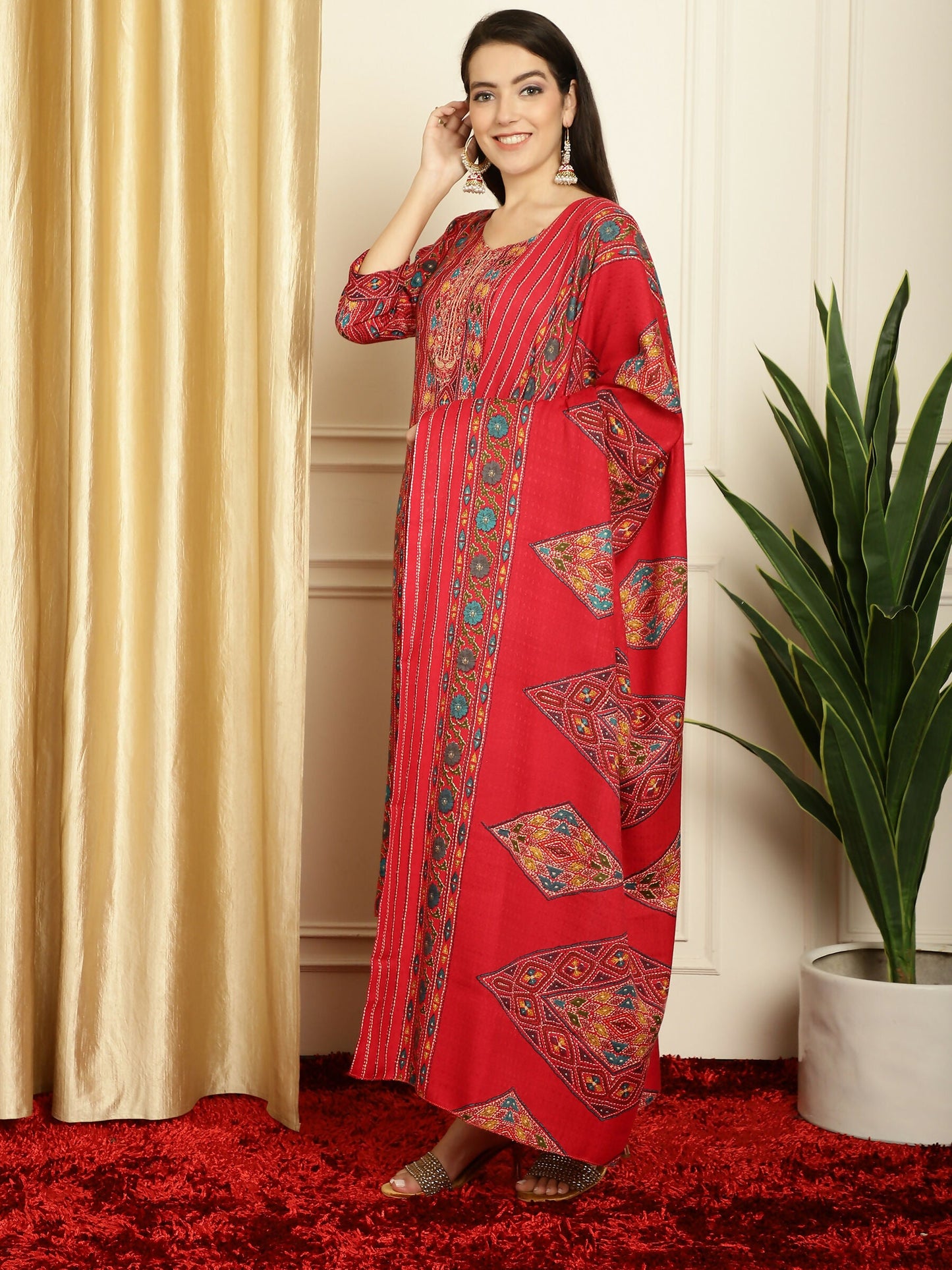 Jyoti Fashion Women's Red Pashmina Floral Digital Printed Kurta with Trouser & Dupatta | Swadesiicart