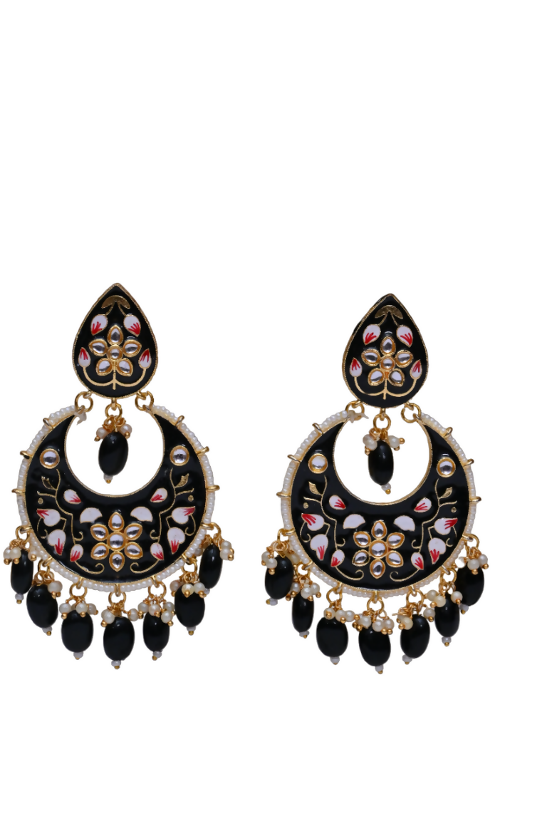 Black Gold-Polished Brass & Pearl Dangle Women Earrings| Hand Painted Meenakari Chandbali Traditional Ethnic Wear Earrings By House of Ree - Swadesiicart