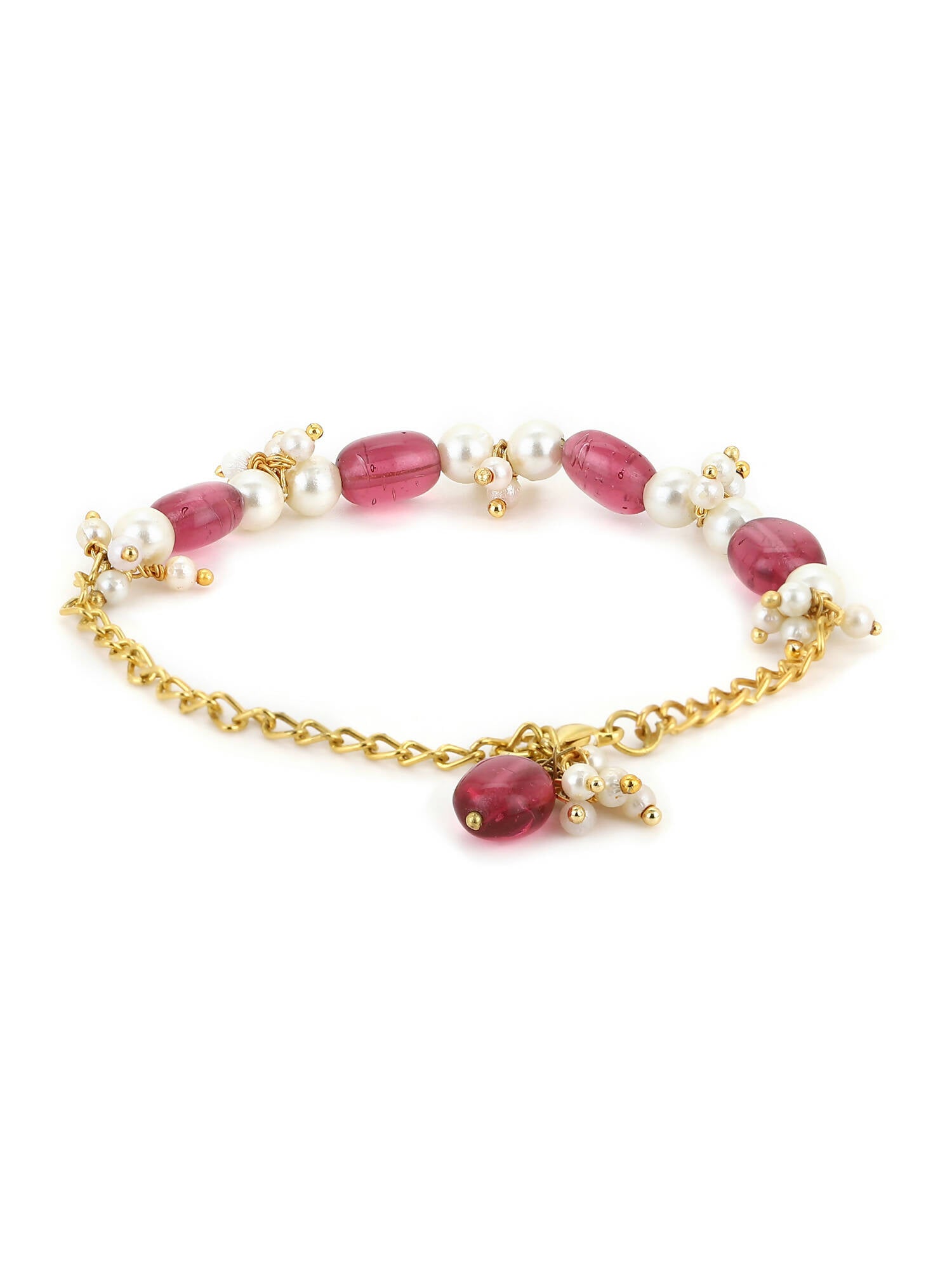 Women's Gold-Toned White Brass Kundan Gold-Polished Link Bracelet - Ruby Raang - Swadesiicart