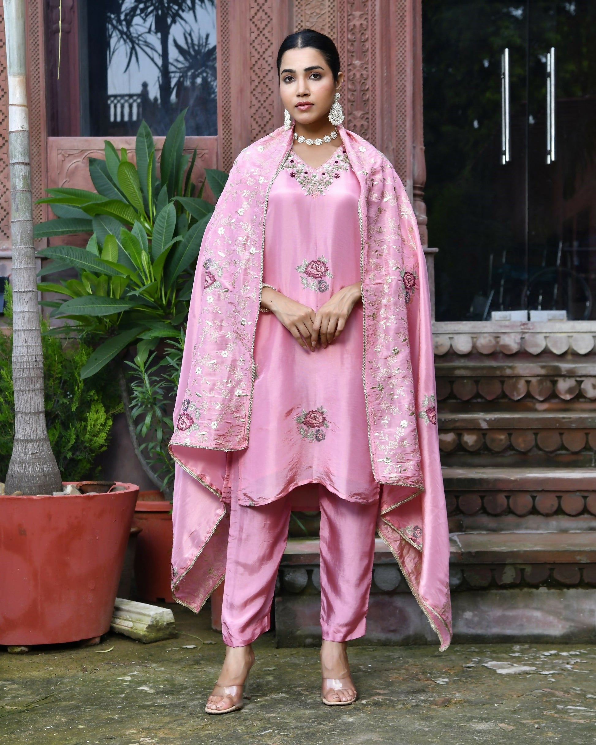 Vaasva Women's Tissue Silk Emboidered Suit Set With Solid Pant & Solid Embroidered Dupatta | Swadesiicart