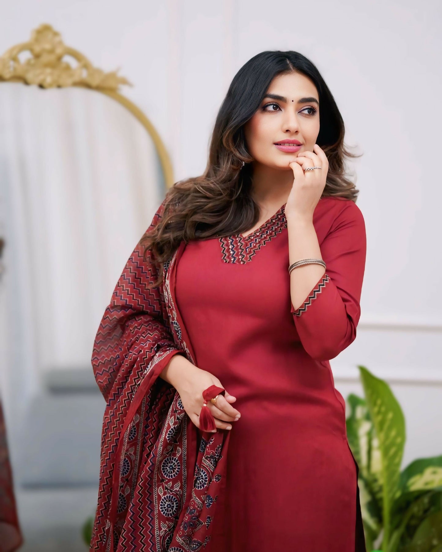 The52 Maroon Women's Gorgeous Parampara Fabric Embroidered Work Straight Kurta Pant and Dupatta Set - Swadesiicart