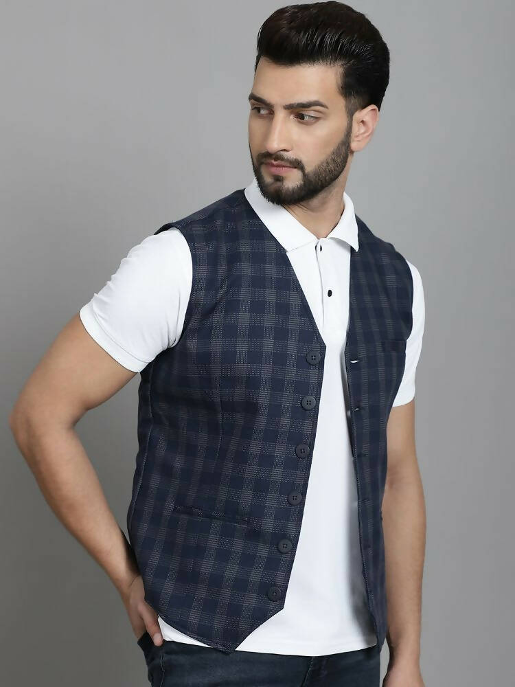 Even Apparels Checked Waistcoat With Welt Pockets - Navy Blue | Swadesiicart