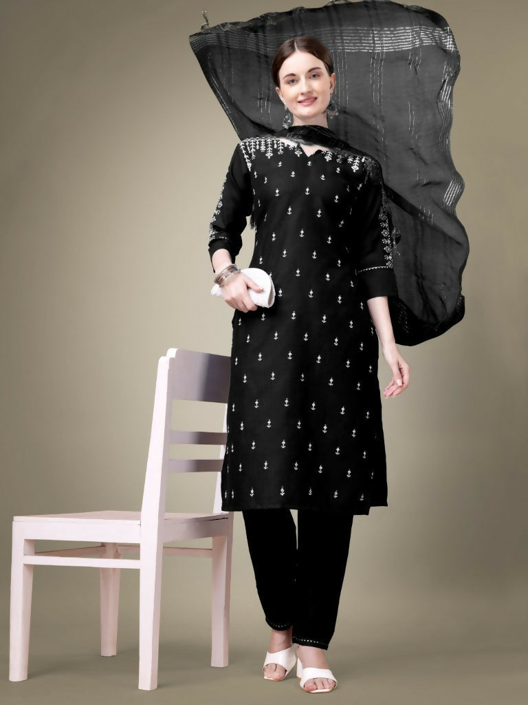 Jyoti Fashion Women's Black Cotton Blend Embroidery & Sequence work Kurta with Trouser & Dupatta | Swadesiicart