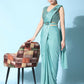 Sea Green Imported Crush Lycra Texture Pattern Ready to Wear Saree with stitched Blouse - Nirvana | Swadesiicart