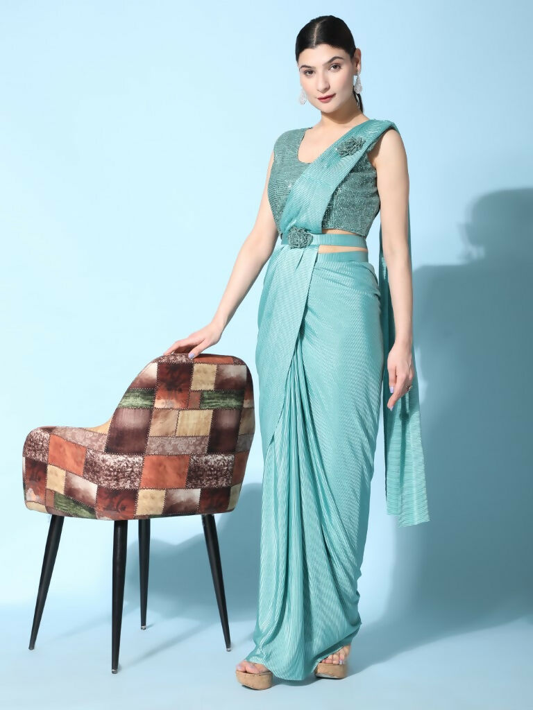 Sea Green Imported Crush Lycra Texture Pattern Ready to Wear Saree with stitched Blouse - Nirvana | Swadesiicart