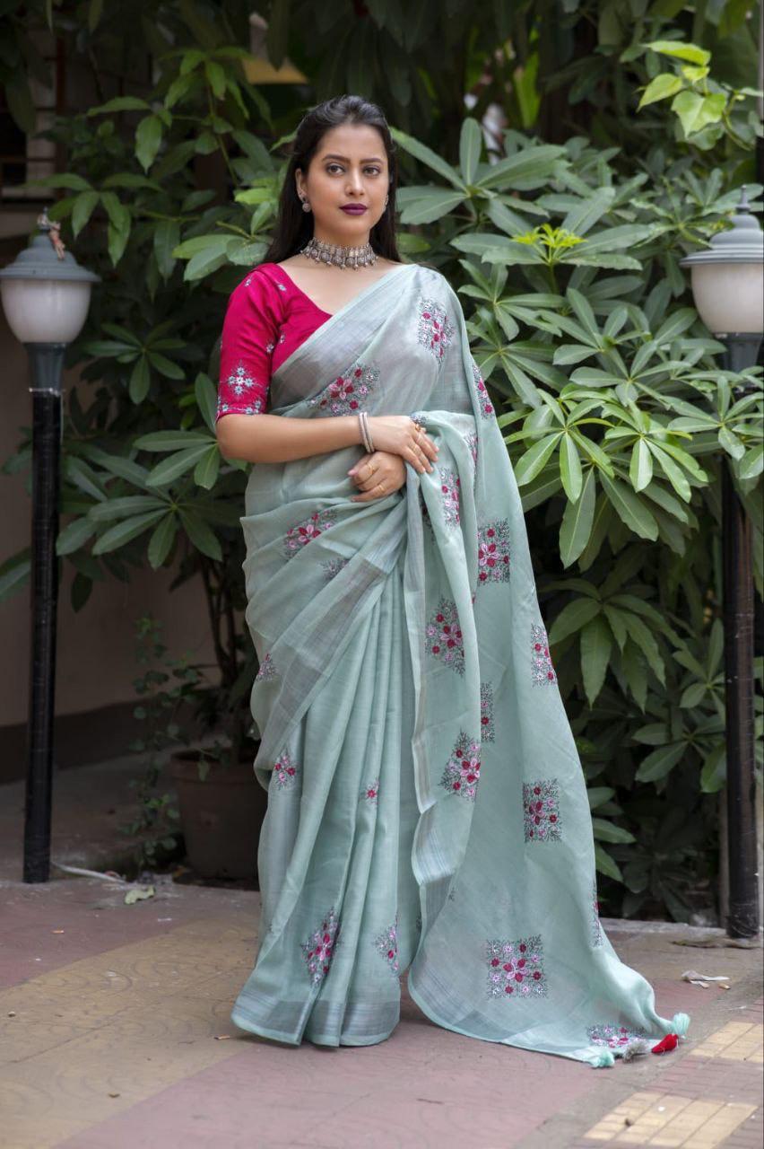 Pine Pure Linen Ethnic Motifs Saree with Unstitched Blouse - Hiral Fashion | Swadesiicart
