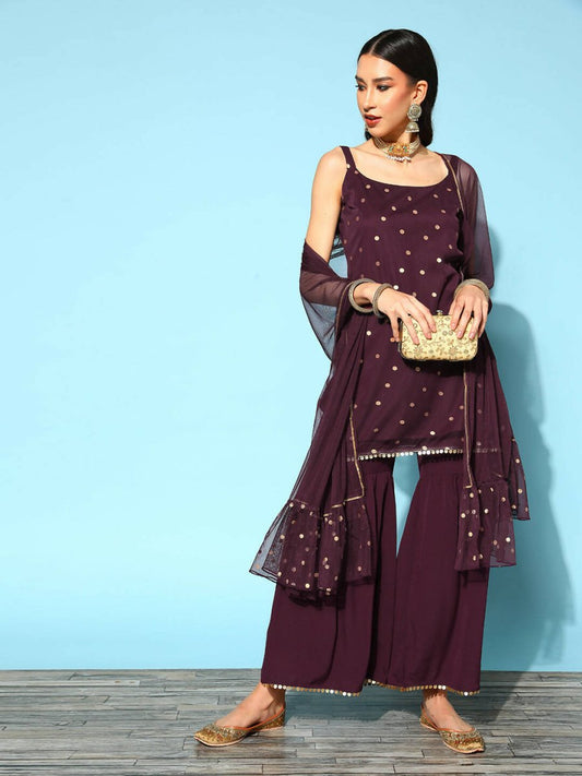Ahalyaa Women Wine Colour Crepe Gold Printed Kurta Sharara Set | Swadesiicart